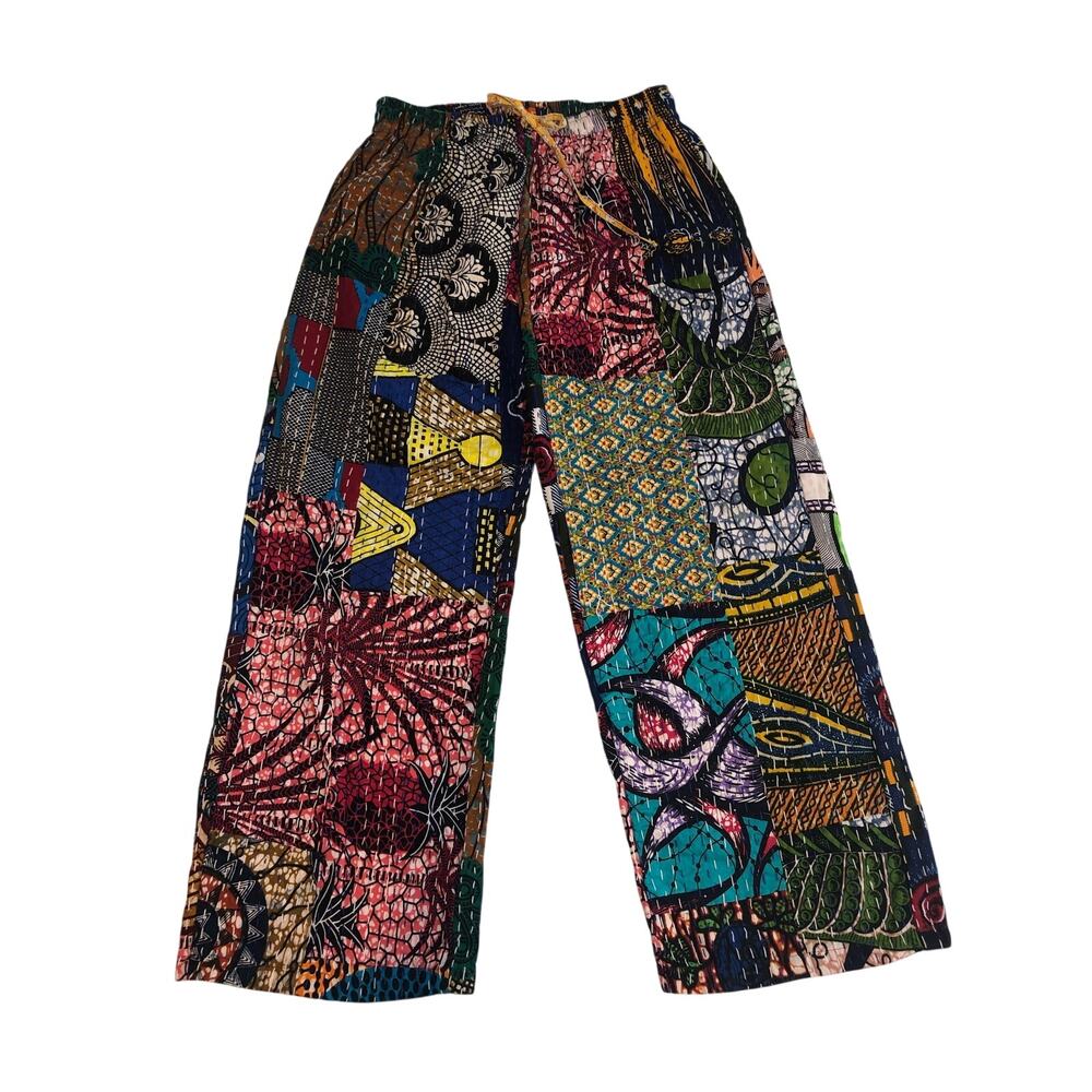 Raj Cotton Embroidered Pants Size L Patchwork Wide Leg Boho Artsy Vibrant Color